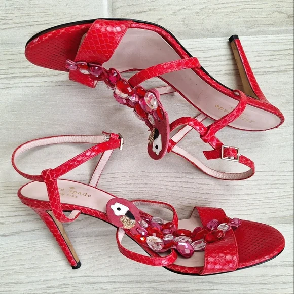 Kate Spade Red Idalou Parrot Sparkly Gem Ankle Strap Heels - Size 9 - Picture 9 of 13